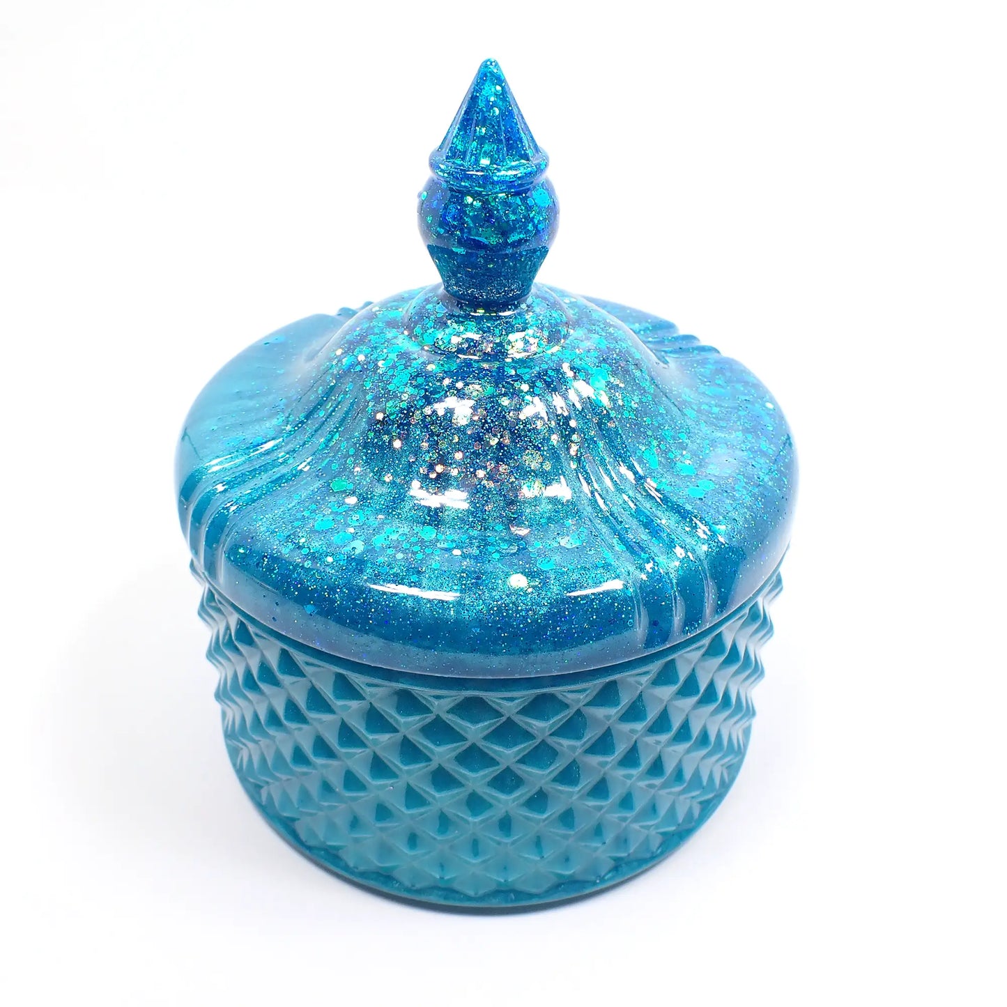 Handmade Pearly Aqua Blue Trinket Box Candy Dish with Iridescent Glitter, Decorative Jar