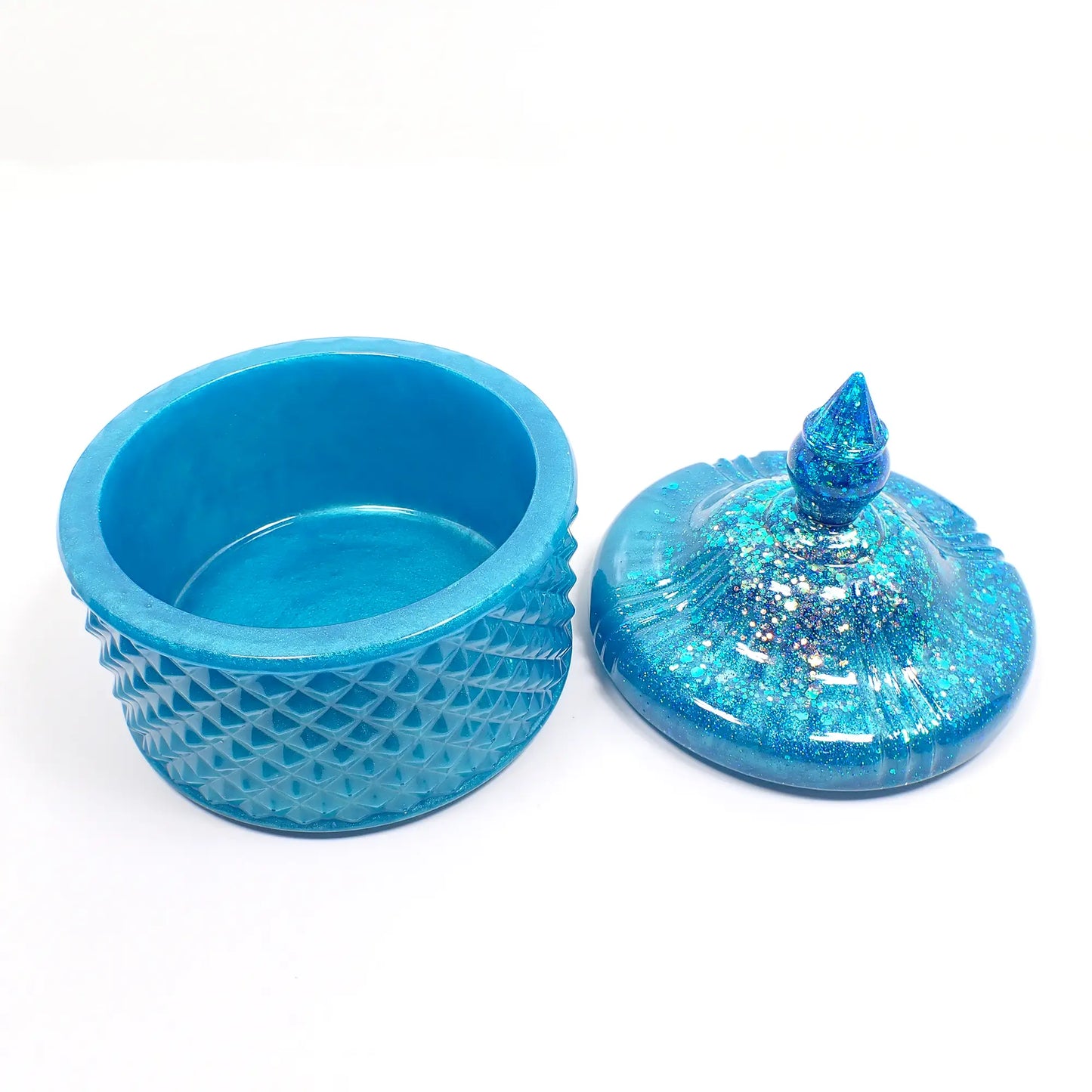 Handmade Pearly Aqua Blue Trinket Box Candy Dish with Iridescent Glitter, Decorative Jar