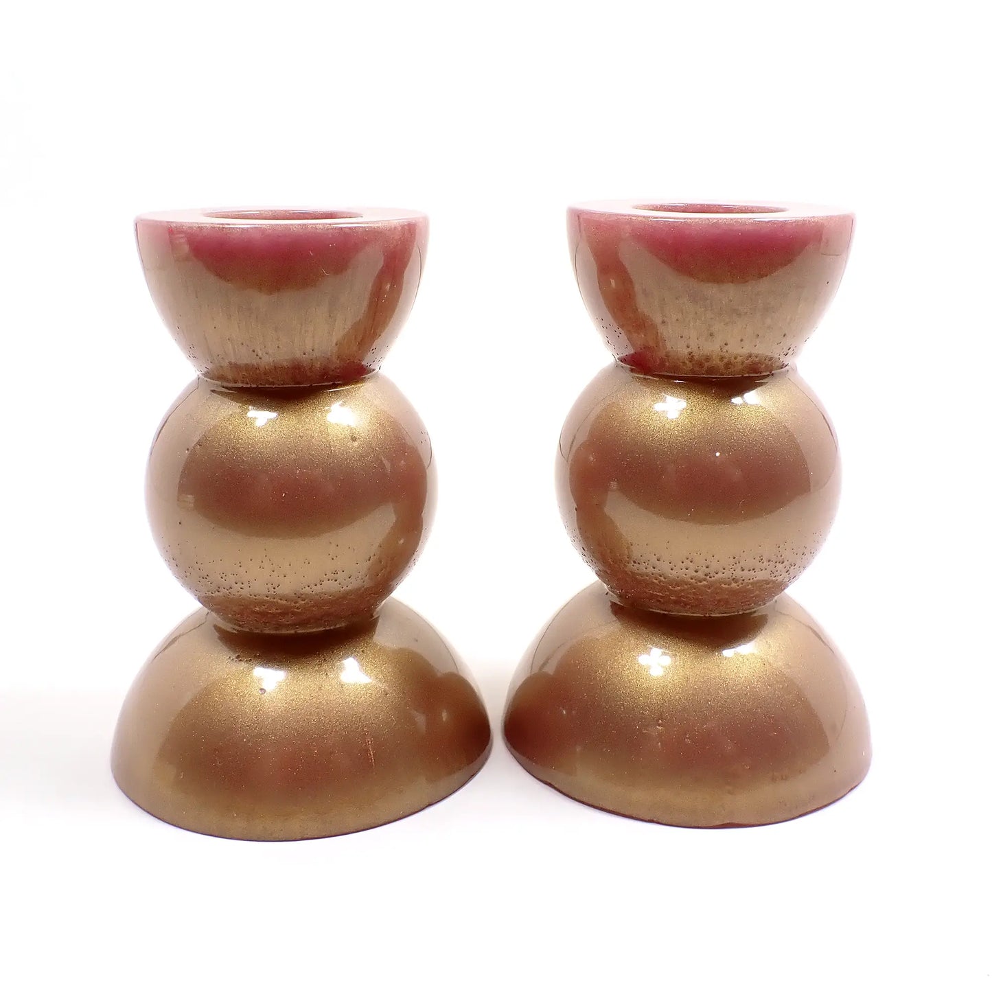 Set of Two Handmade Pearly Rose Gold Style Color Shift Resin Rounded Geometric Candlestick Candle Holders