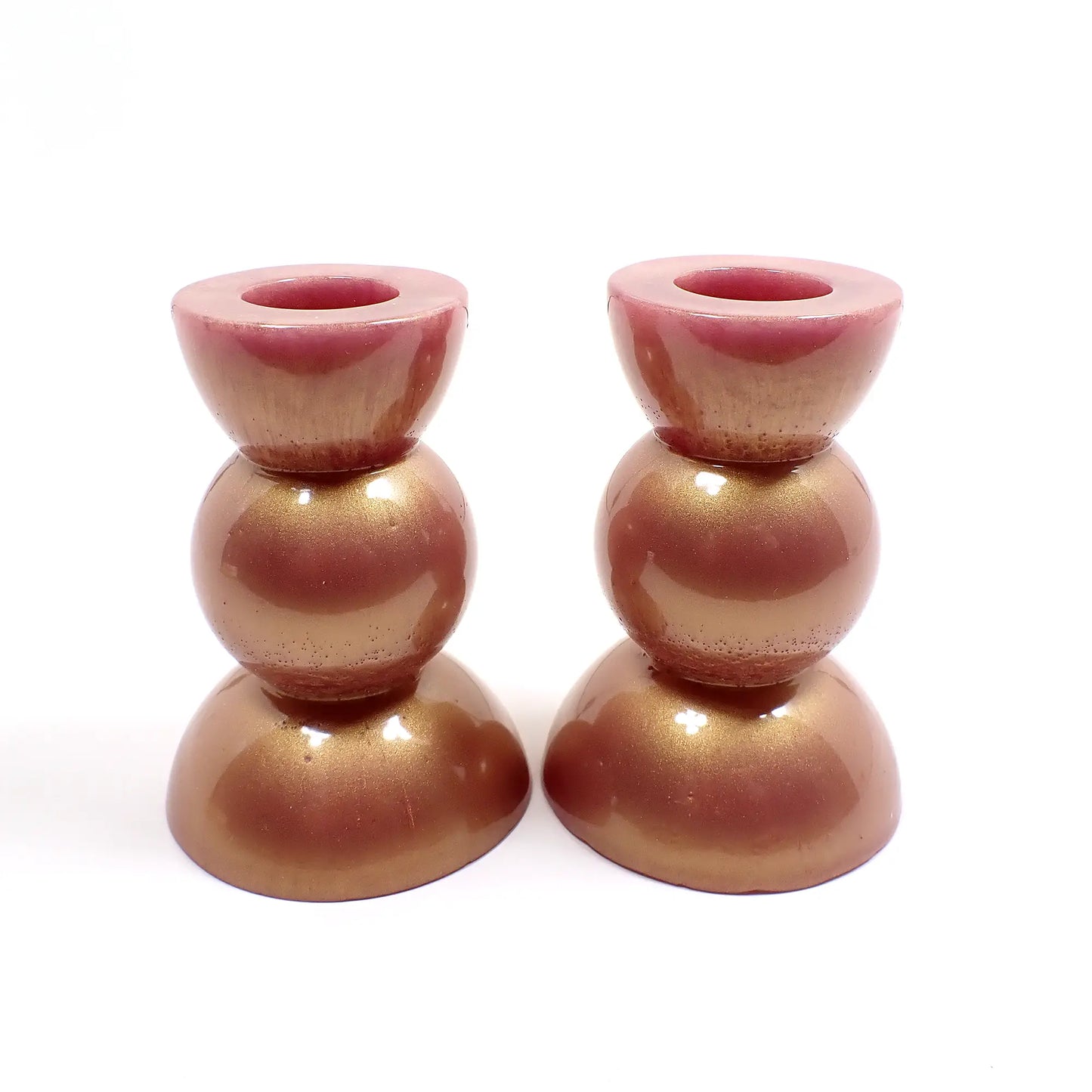 Set of Two Handmade Pearly Rose Gold Style Color Shift Resin Rounded Geometric Candlestick Candle Holders