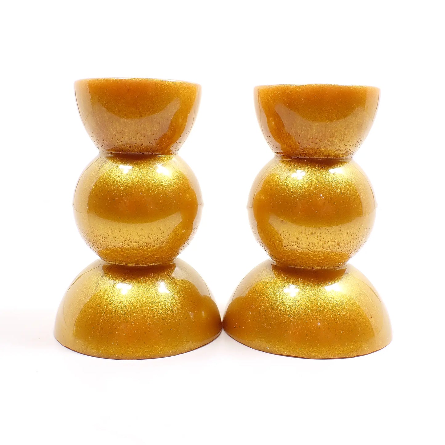Set of Two Handmade Resin Pearly Metallic Gold Color Rounded Geometric Candlestick Candle Holders