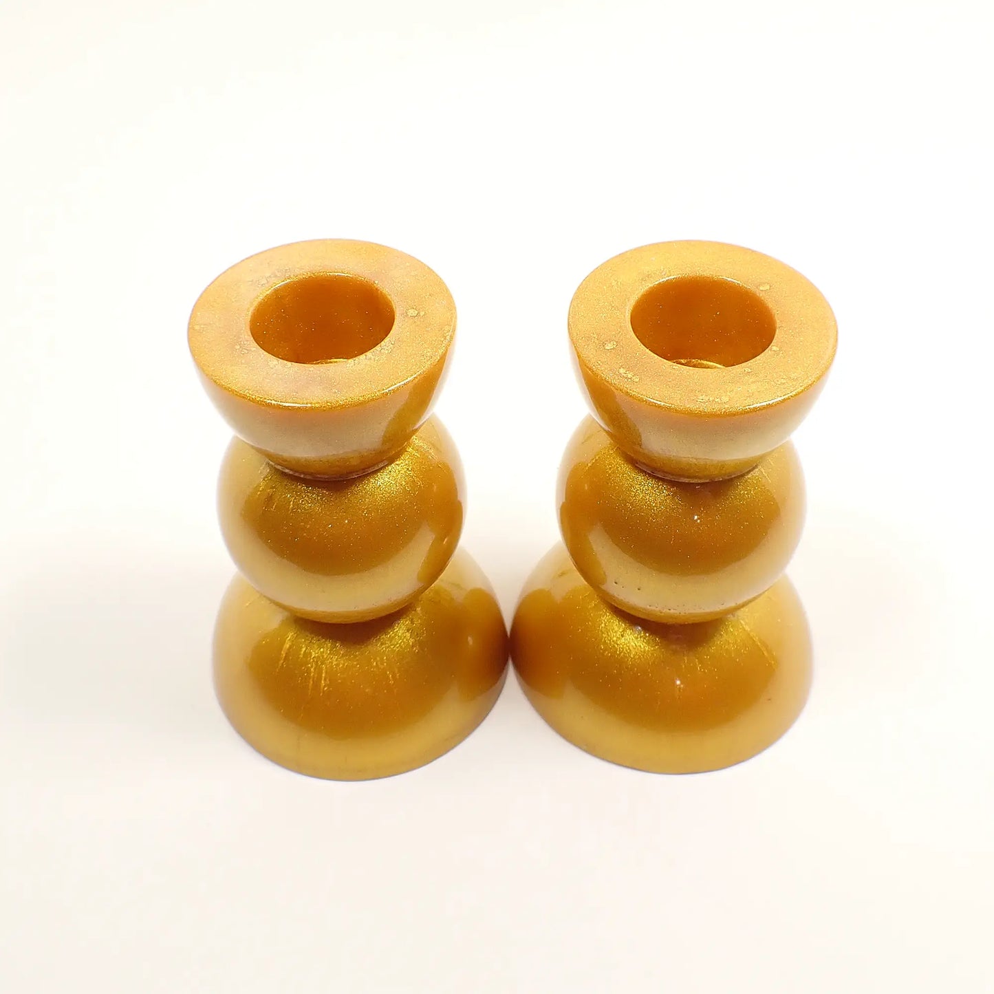 Set of Two Handmade Resin Pearly Metallic Gold Color Rounded Geometric Candlestick Candle Holders