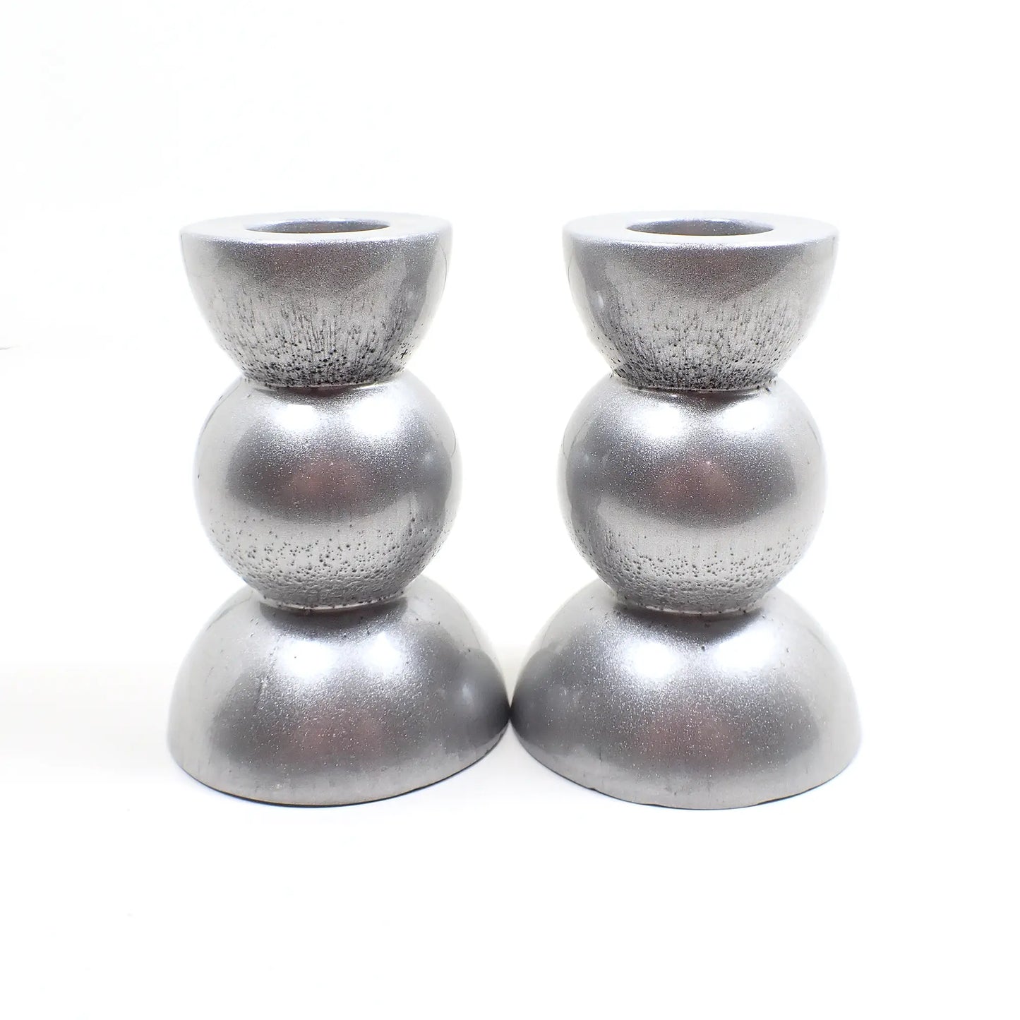 Set of Two Handmade Resin Pearly Metallic Silver Color Rounded Geometric Candlestick Candle Holders