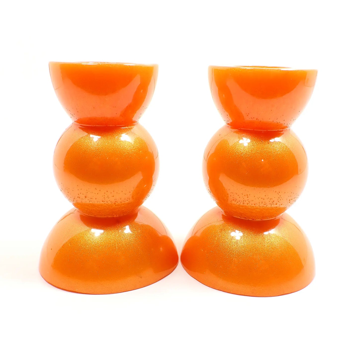 Set of Two Handmade Bright Pearly Citrus Orange Resin Rounded Geometric Candlestick Candle Holders