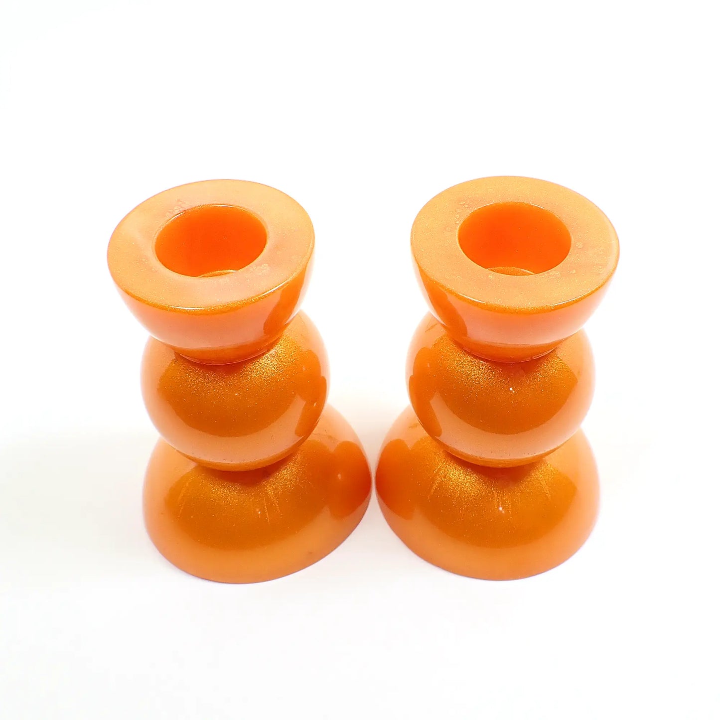 Set of Two Handmade Bright Pearly Citrus Orange Resin Rounded Geometric Candlestick Candle Holders