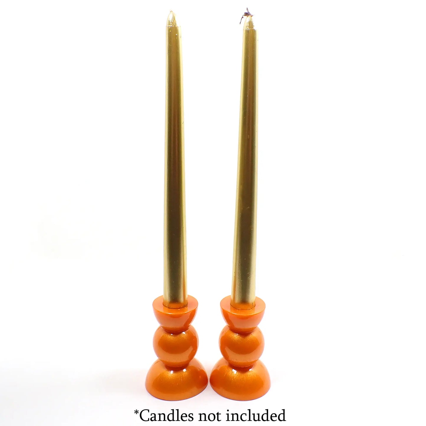 Set of Two Handmade Bright Pearly Citrus Orange Resin Rounded Geometric Candlestick Candle Holders