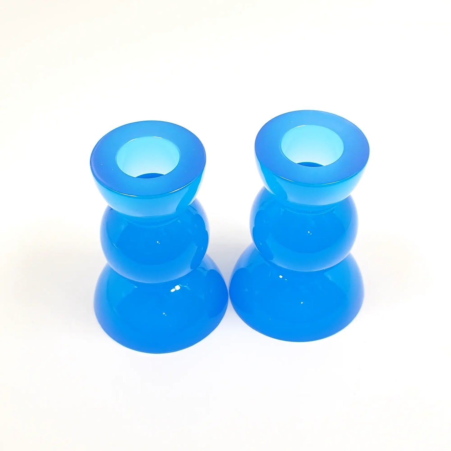 Set of Two Neon Blue Resin Handmade Rounded Geometric Candlestick Candle Holders