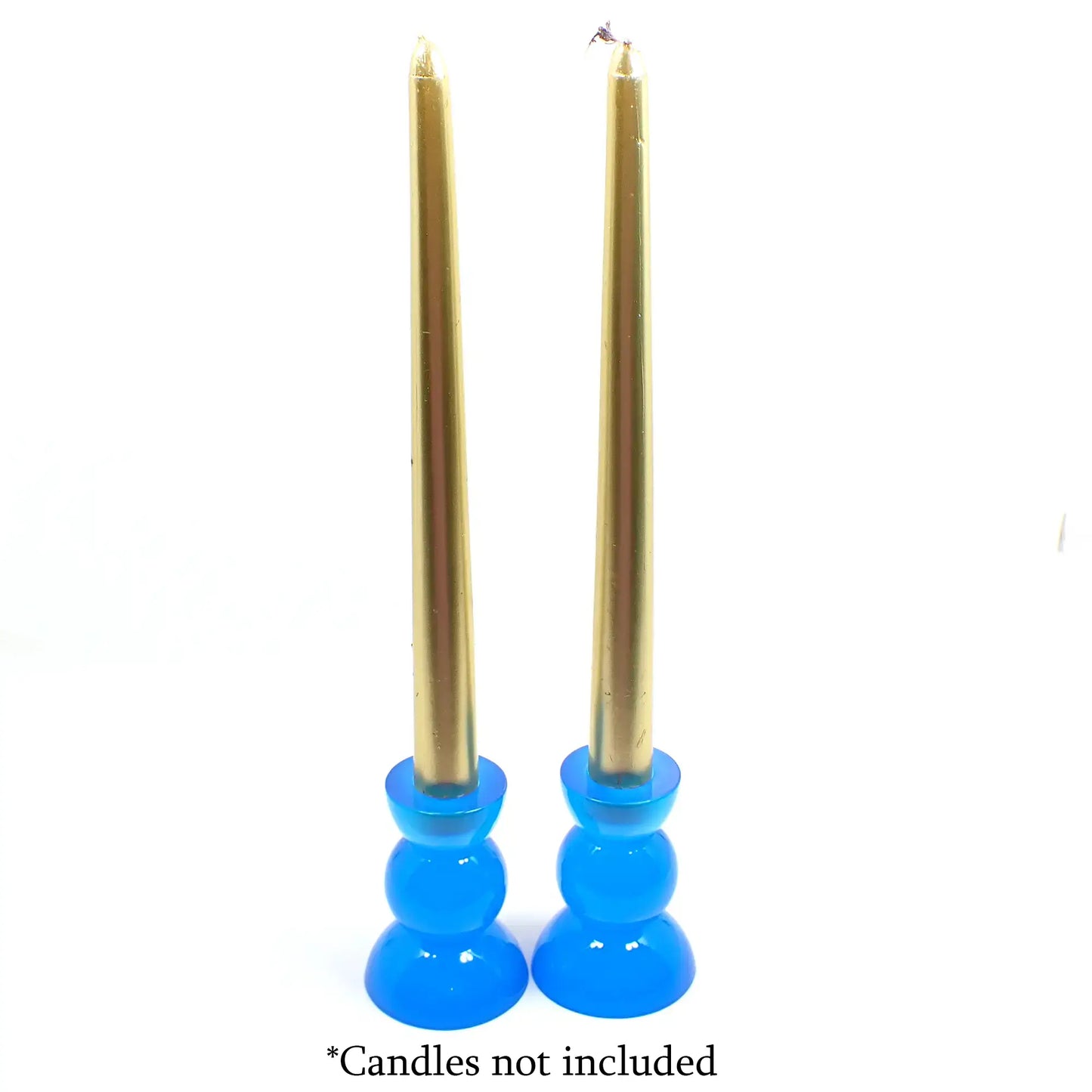 Set of Two Neon Blue Resin Handmade Rounded Geometric Candlestick Candle Holders