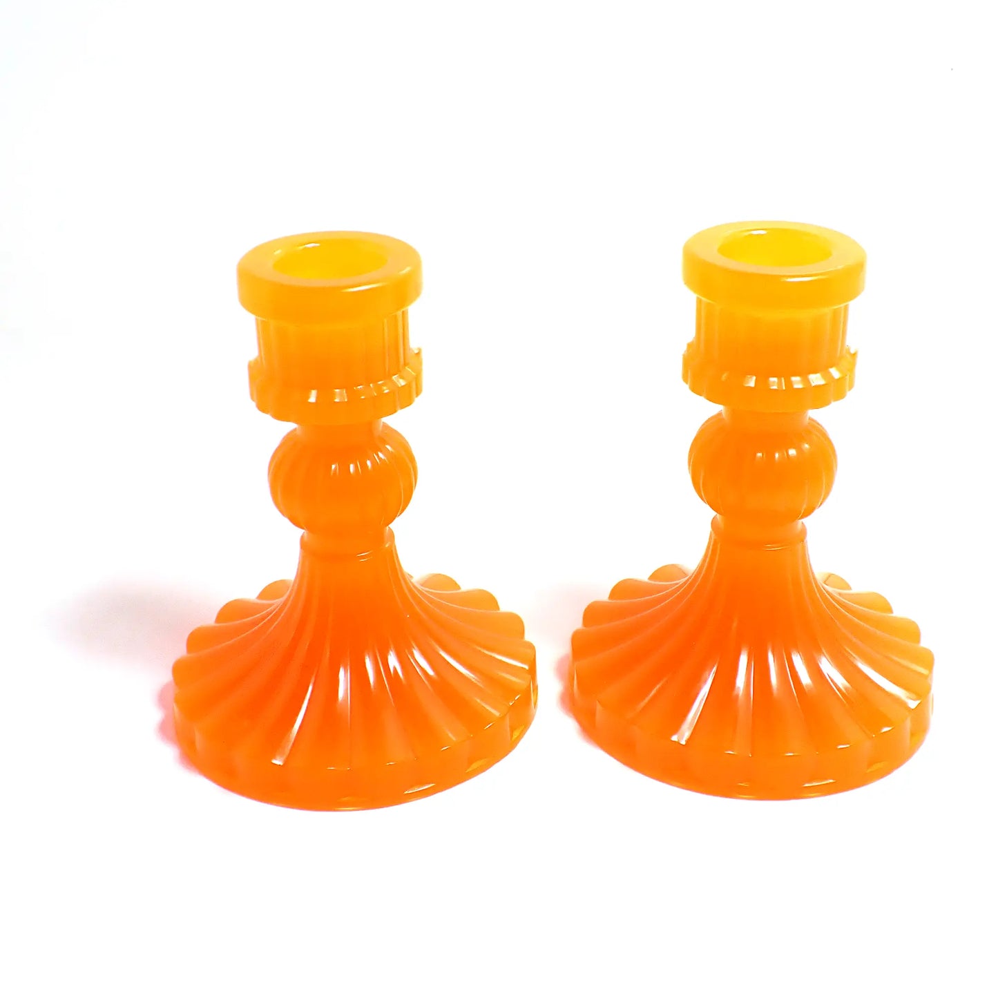 Set of Two Vintage Style Handmade Neon Orange Resin Candlestick Candle Holders