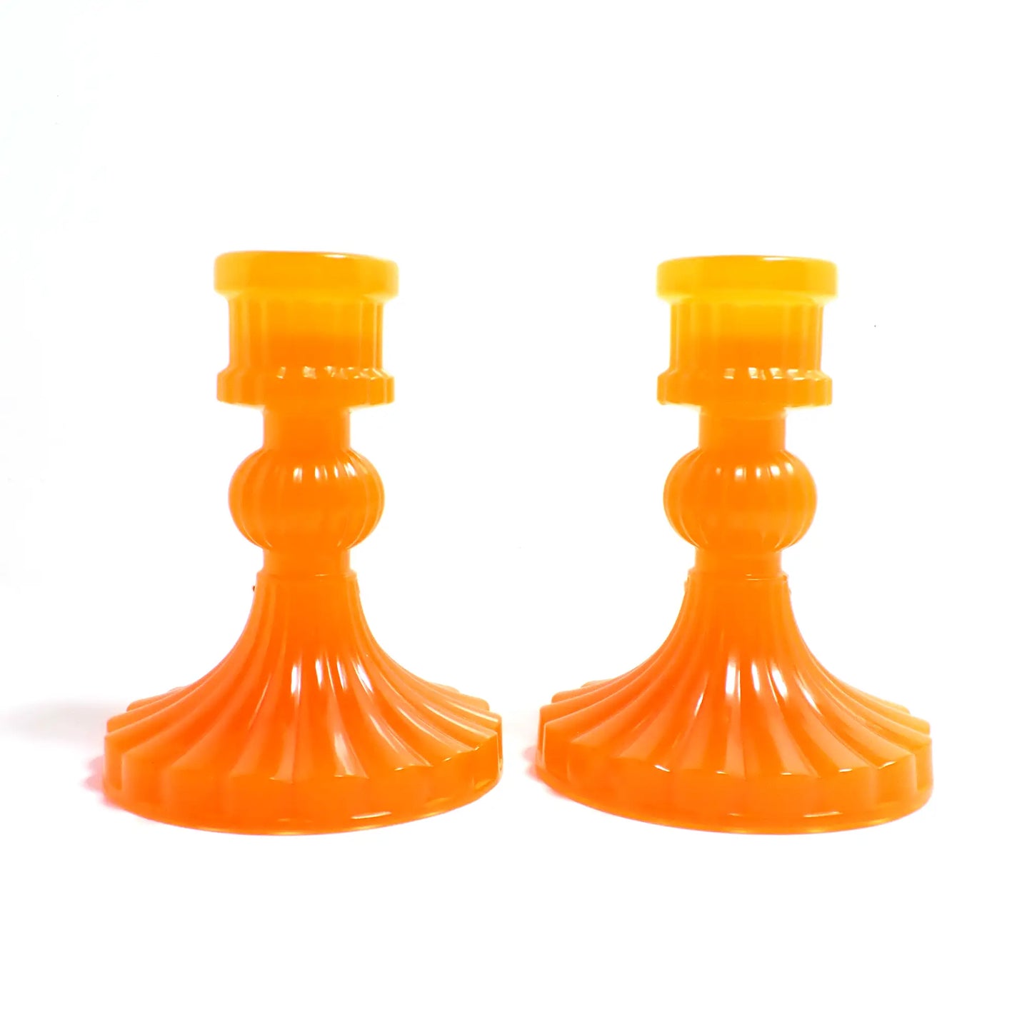 Set of Two Vintage Style Handmade Neon Orange Resin Candlestick Candle Holders