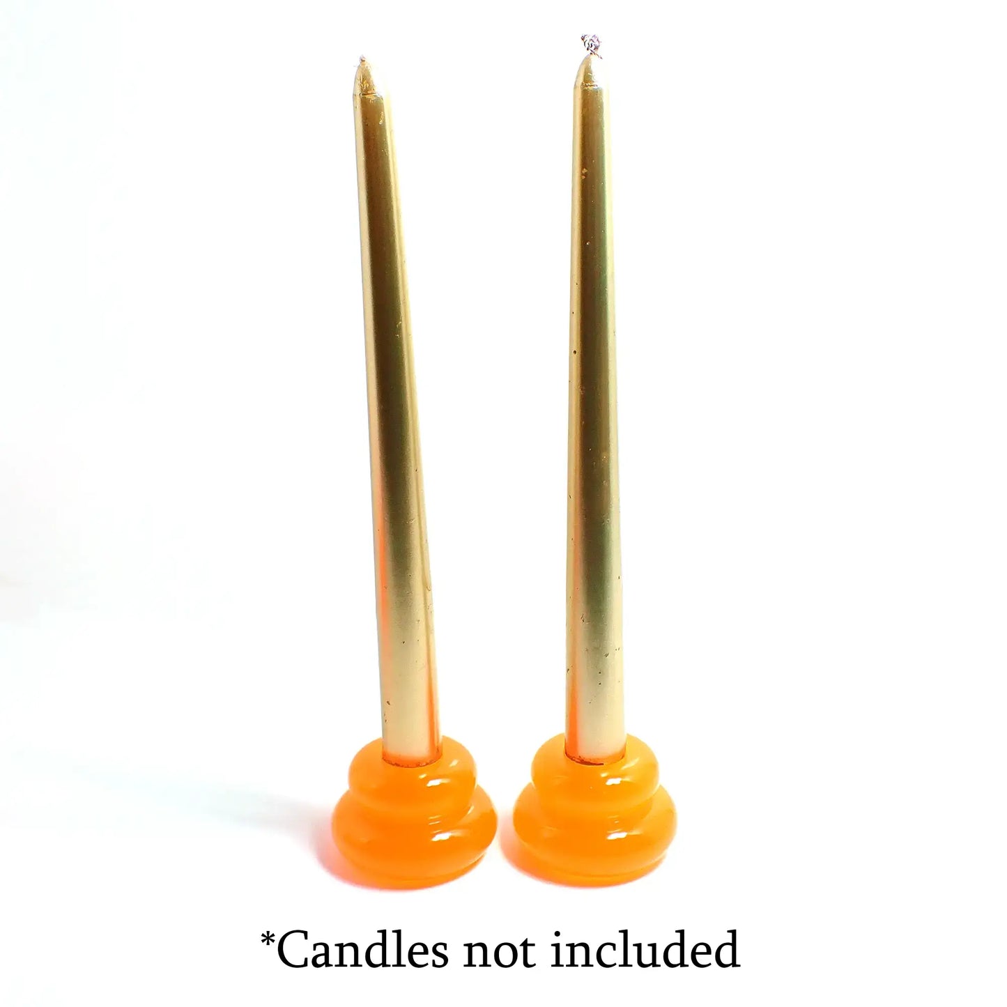 Set of Two Neon Orange Resin Handmade Puffy Round Double Ring Candlestick Candle Holders