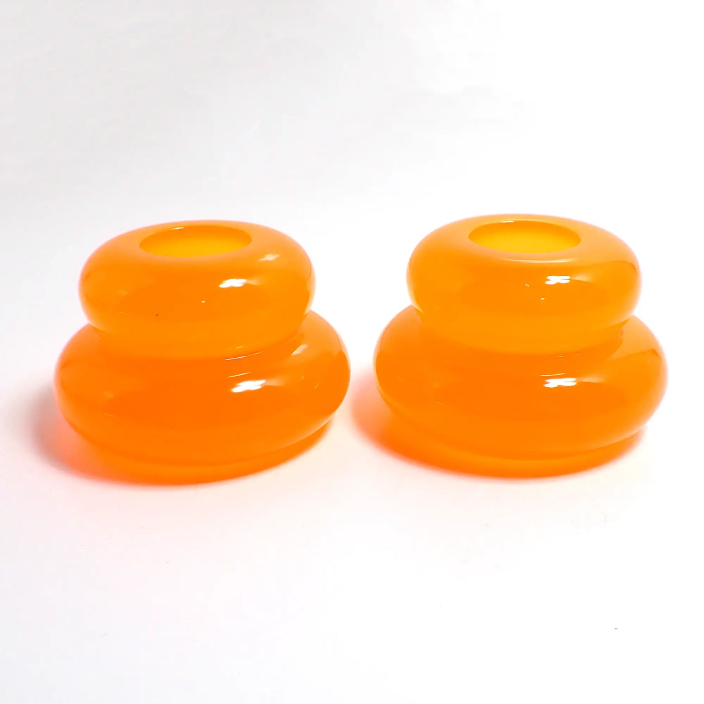 Set of Two Neon Orange Resin Handmade Puffy Round Double Ring Candlestick Candle Holders