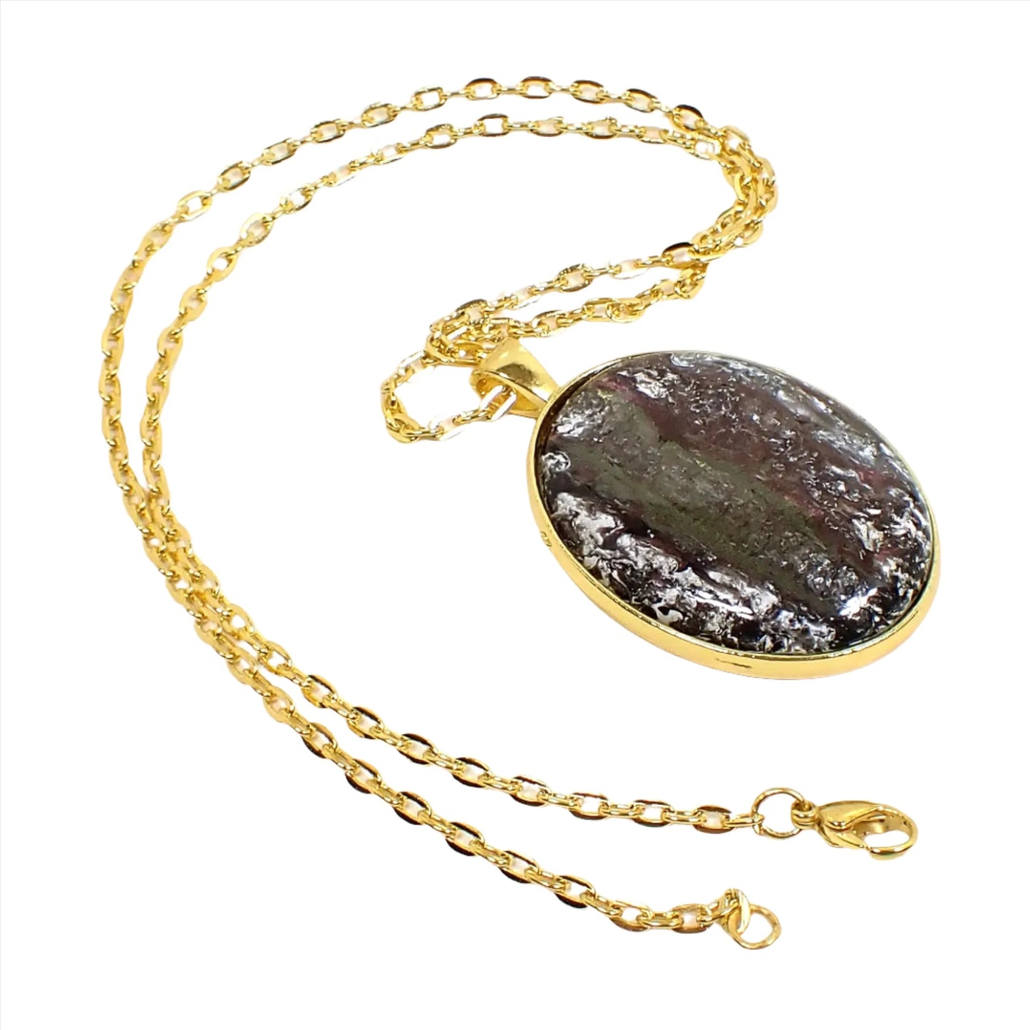 Handmade Oval Pendant Necklace Made with Vintage Abalone and Resin Cabs, Gold Plated, Iridescent Multi Color
