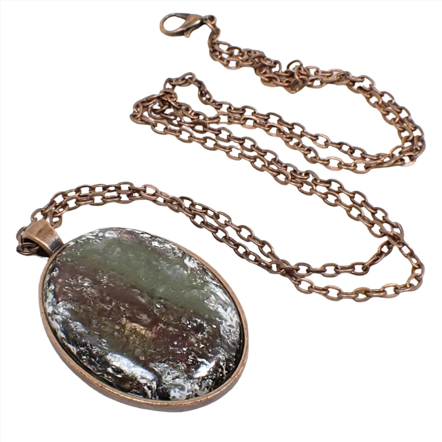 Handmade Oval Pendant Necklace Made with Vintage Abalone and Resin Cabs, Antiqued Copper, Iridescent Multi Color