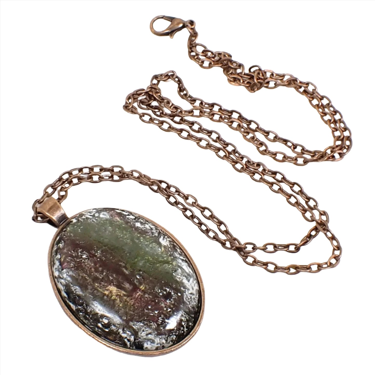 Handmade Oval Pendant Necklace Made with Vintage Abalone and Resin Cabs, Antiqued Copper, Iridescent Multi Color