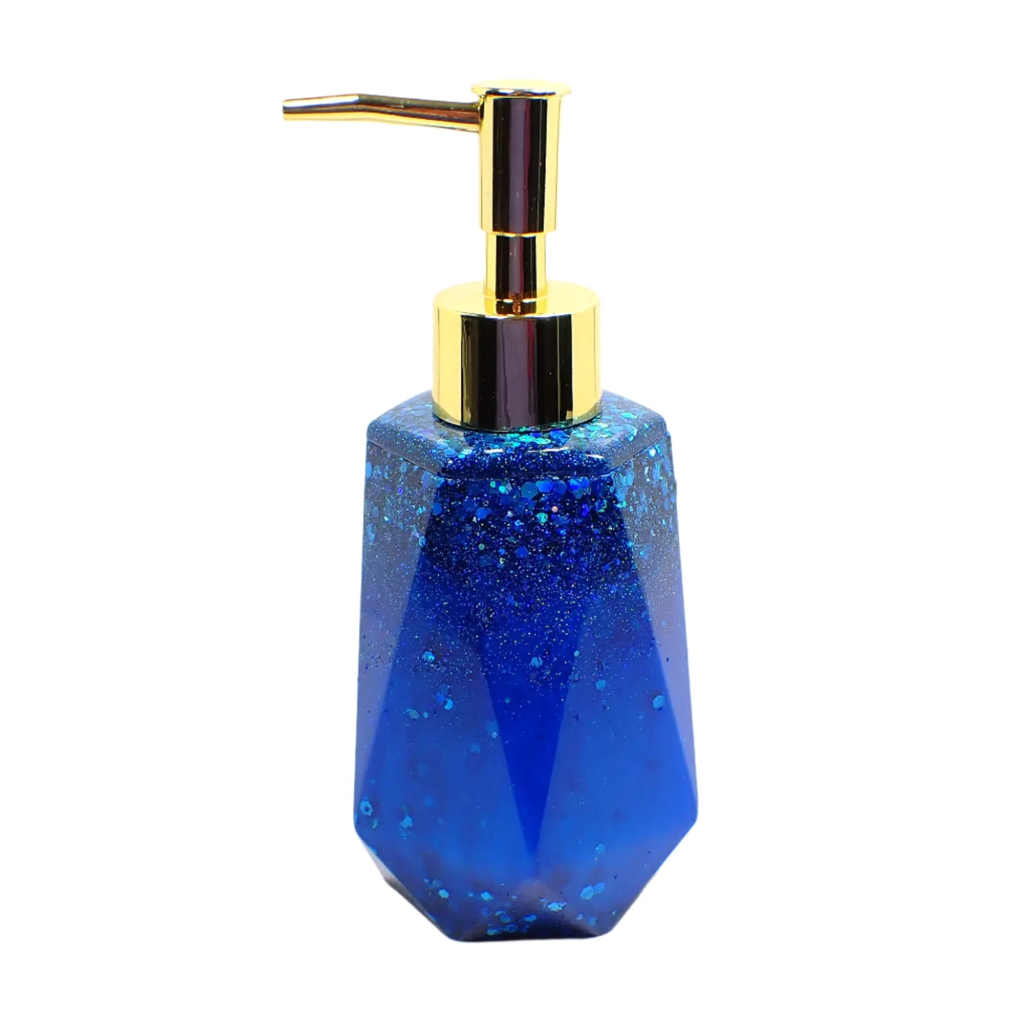 Side view of the handmade resin soap dispenser. This photo shows it with a gold color pump on top. The bottle part has bright ocean blue resin on the bottom and chunky iridescent blue glitter on top. It has a faceted shape with a flared out bottom.