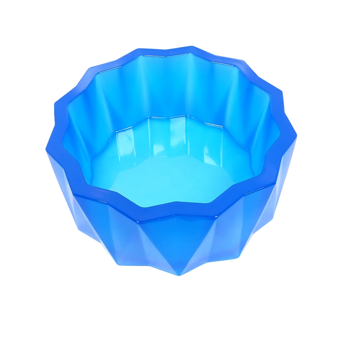 Top view of the large handmade neon blue resin decorative bowl showing the inside area where objects could be placed and the faceted sun like design on the top edge.