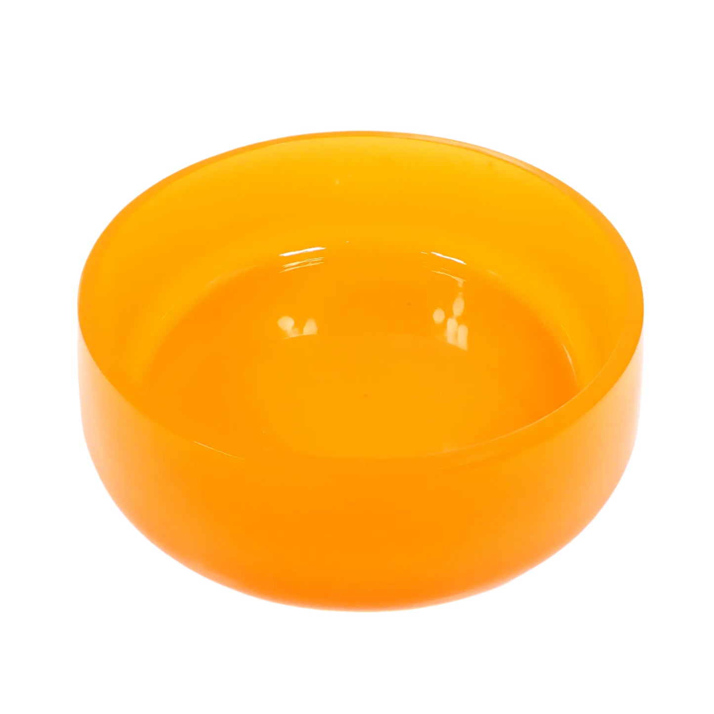 Angled top view of the handmade neon orange resin decorative bowl showing the inside area where items could be placed. The inside is round, shiny, and smooth.