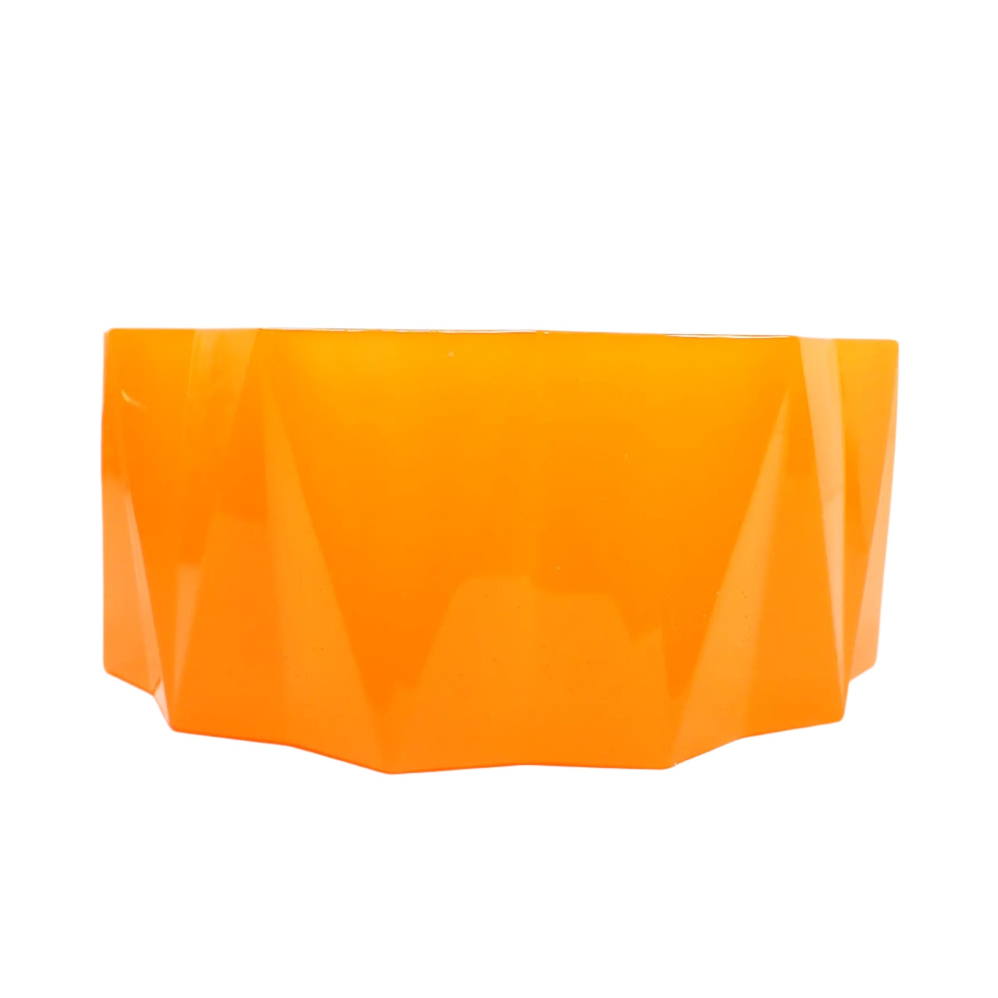 Side view of the large handmade neon orange resin decorative bowl showing the triangle pattern around the outside edge. The triangles alternate between pointing up and down.