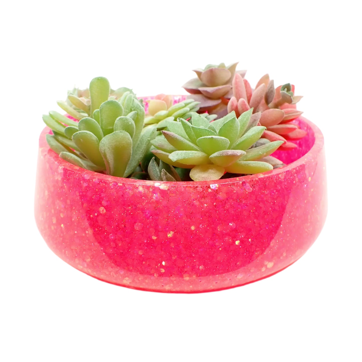 Image of the large handmade pink glitter resin decorative bowl with several fake display succulents in it to show how it would look as a planter pot.
