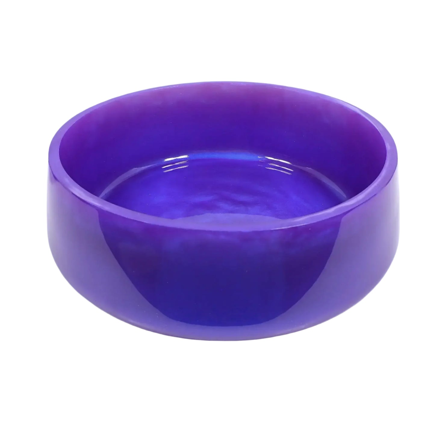 Angled view of the handmade iridescent purple blue decorative bowl showing more of the inside area where items could be placed.