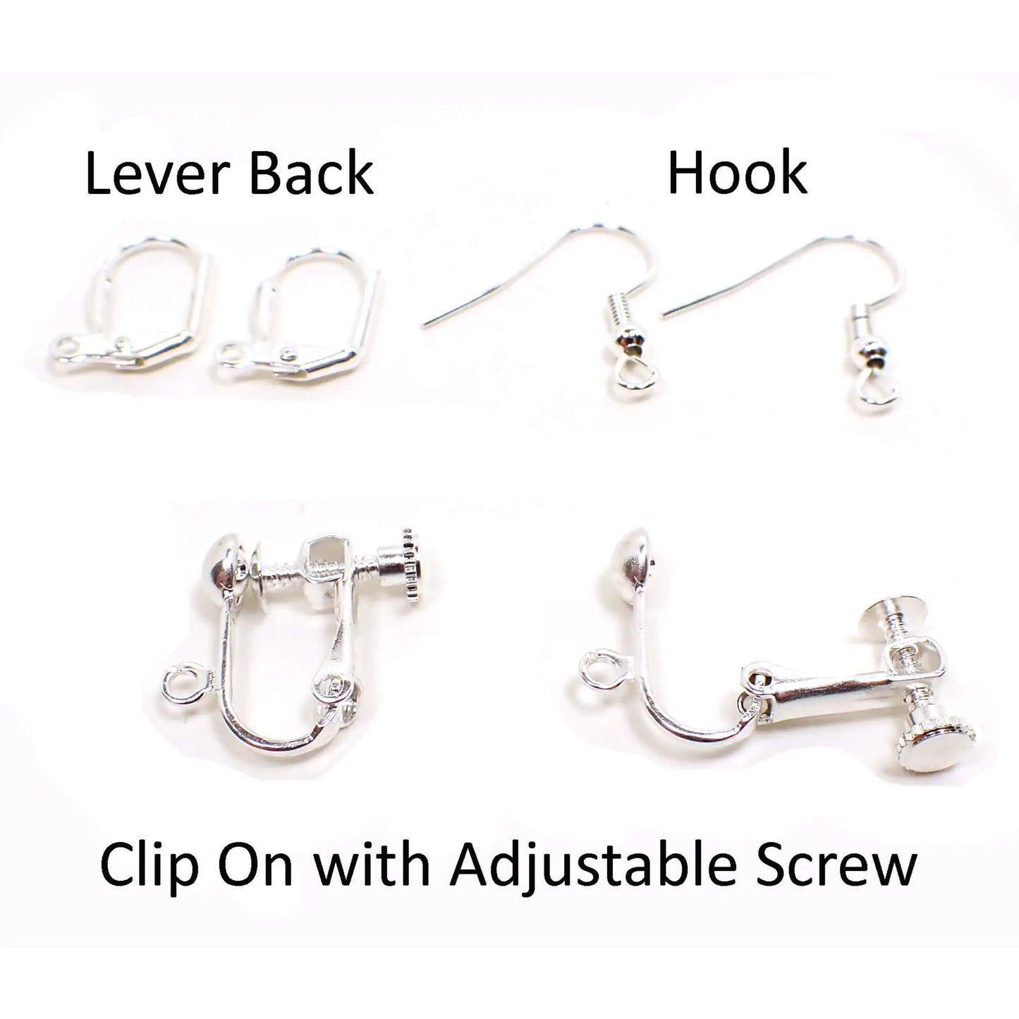 Image showing the different types of silver plated earring components available. The top left shows lever back pierced, the top right shows traditional hook style pierced, and the bottom shows hinged clip on with adjustable screw. One of the clip on components in the image is open to show the hinged area. Each component type has text by it stating which type they are.
