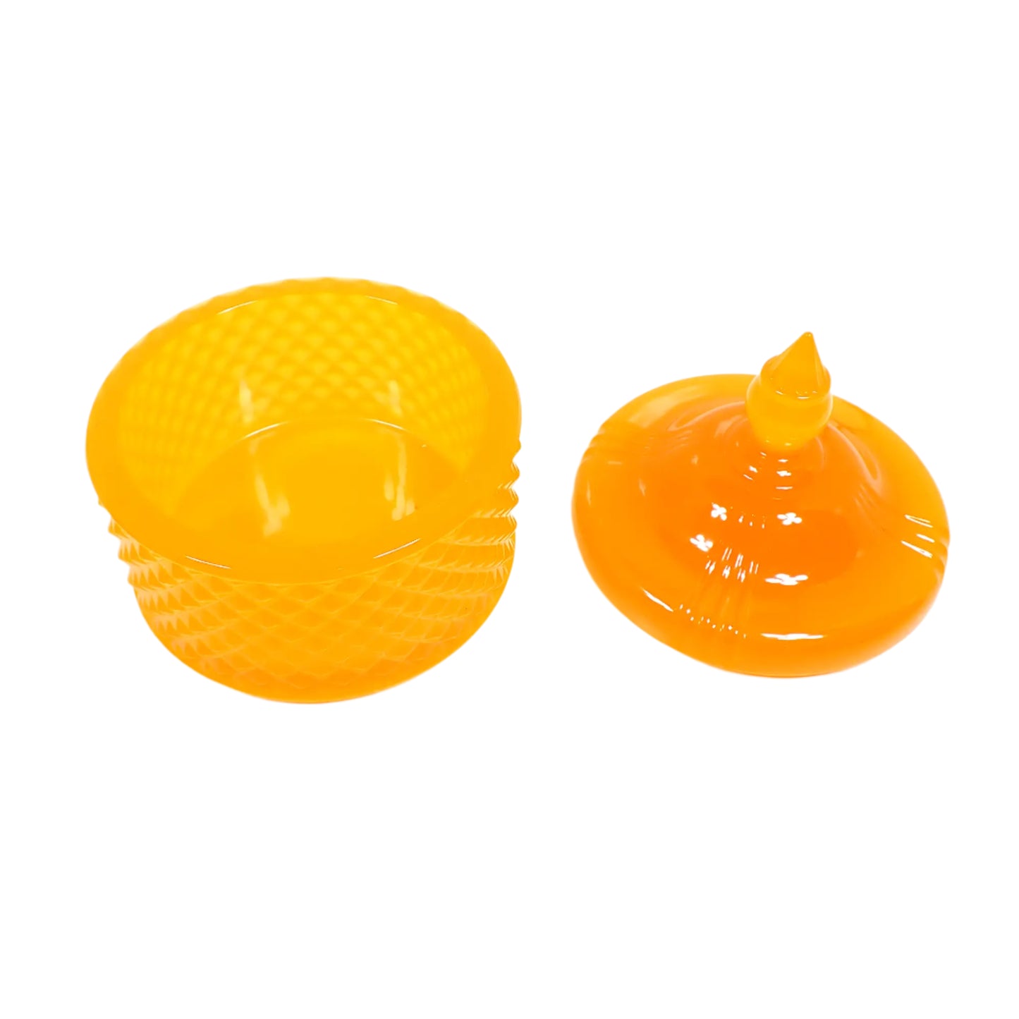 Image of the handmade neon orange resin trinket box with the lid off to the side to show the inside area in the bottom piece where small items could be placed.