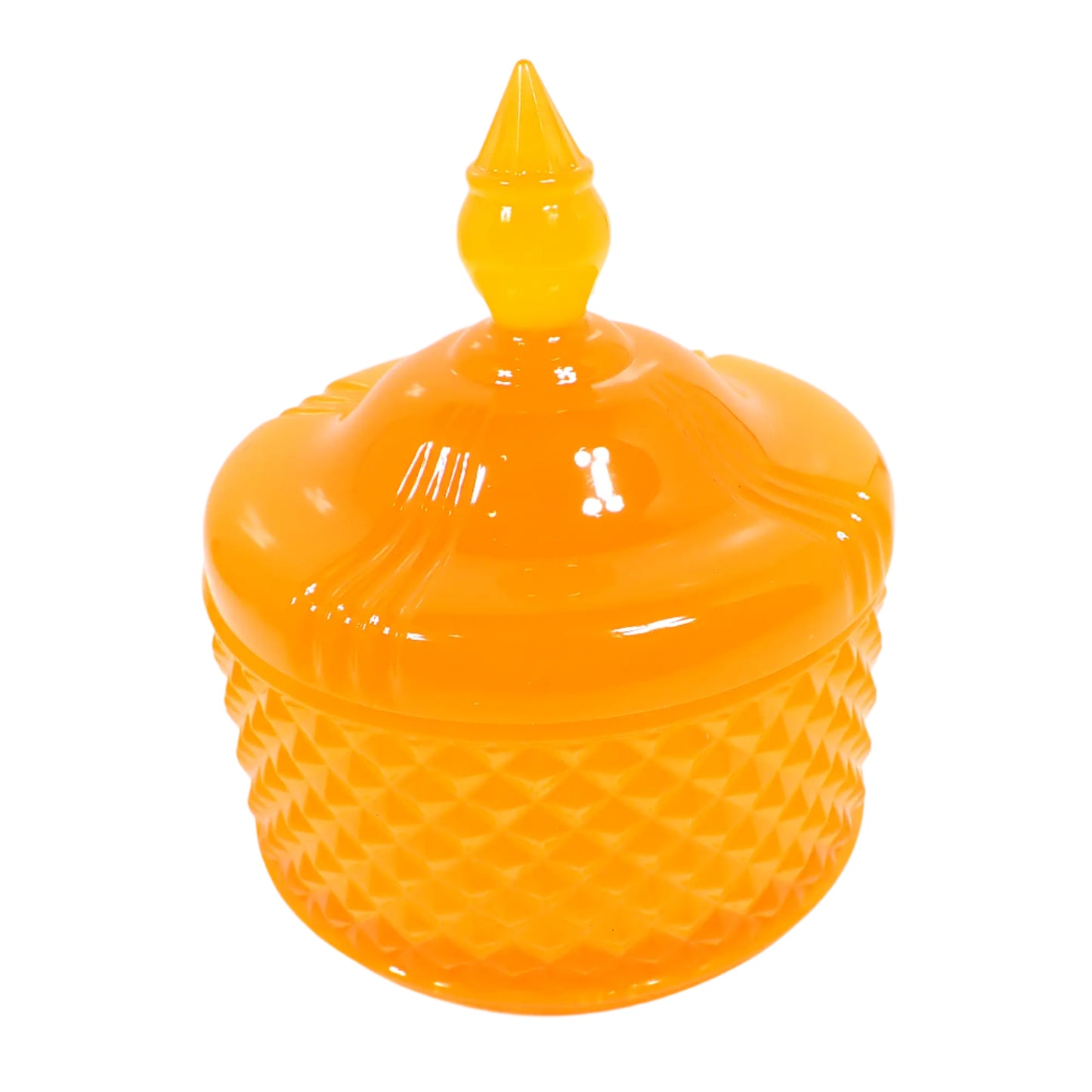 Side view of the handmade neon orange resin trinket box. It as a vintage style design with a faceted round bottom and smooth round top with a tapered knob to remove the lid with. The resin is shiny and semi translucent in a citrus neon orange color. Would also be great as a candy dish for wrapped candies.