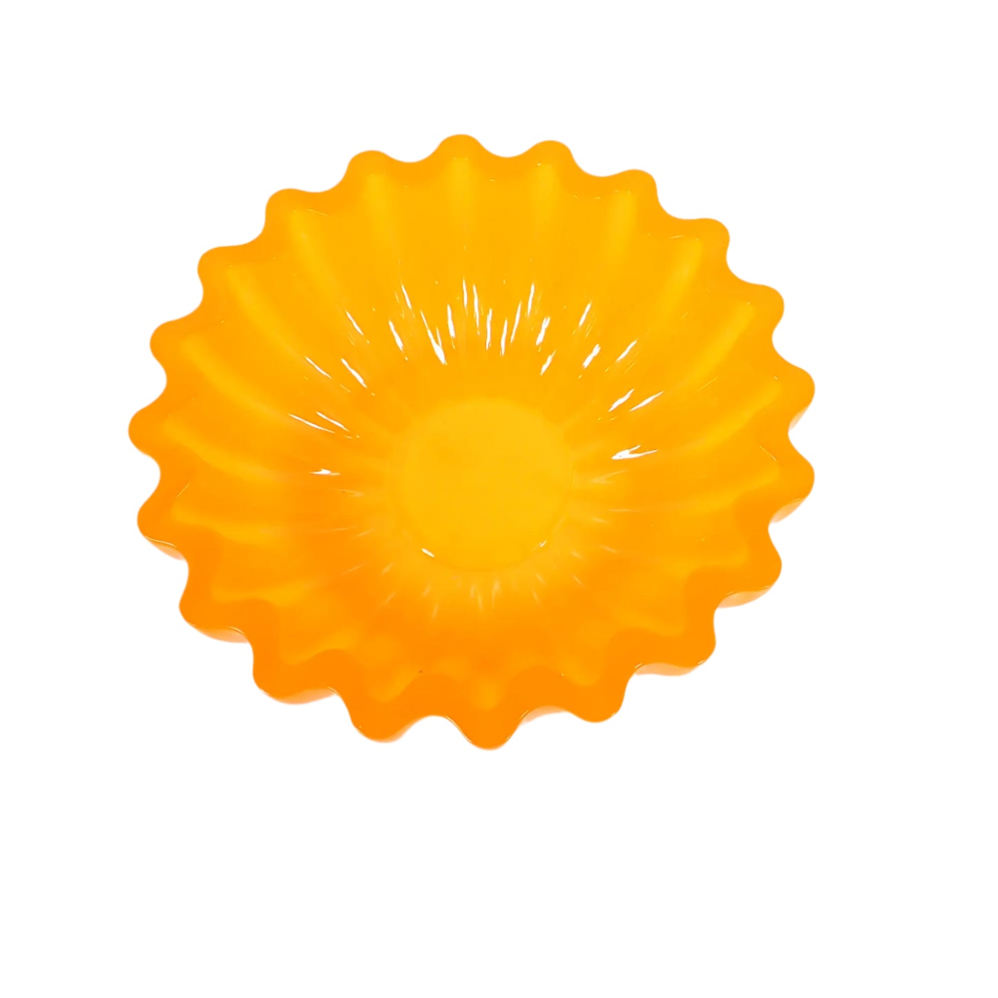Top view of the handmade neon orange resin scalloped bowl showing the inside area where items could be placed. The inside is shiny and smooth with a fluted design.