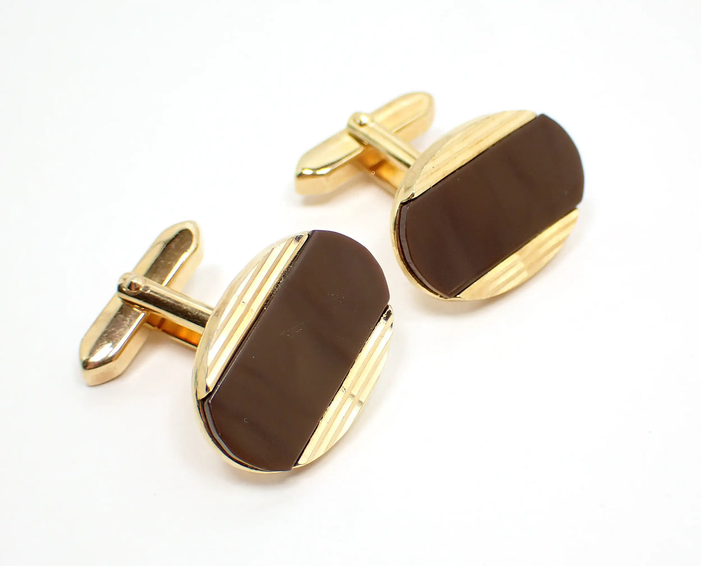 Retro Vintage Brown Lucite Cufflinks, Angled Back Oval Cuff Links