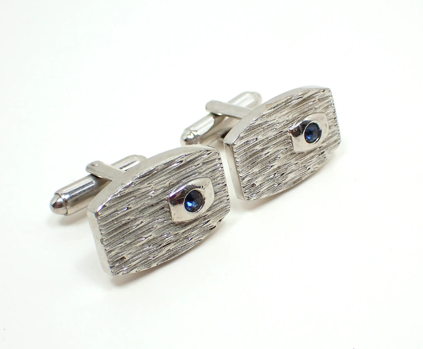 Mid Century Modernist Vintage Cufflinks with Blue Rhinestones, Textured Silver Tone Cuff Links