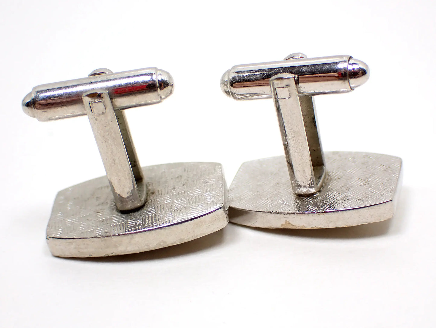 Mid Century Modernist Vintage Cufflinks with Blue Rhinestones, Textured Silver Tone Cuff Links