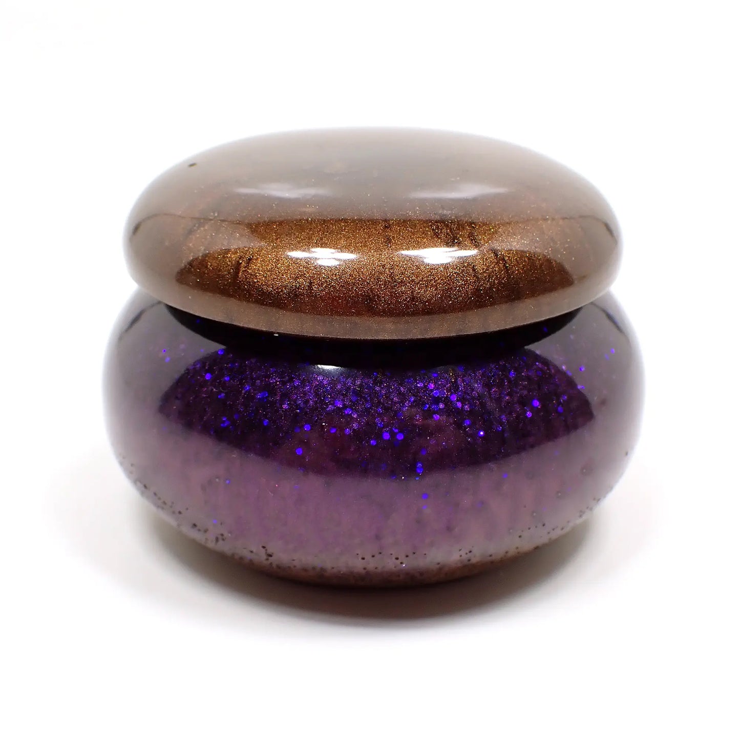 Small Pearly Brown and Purple Resin Handmade Round Trinket Box with Blue Glitter