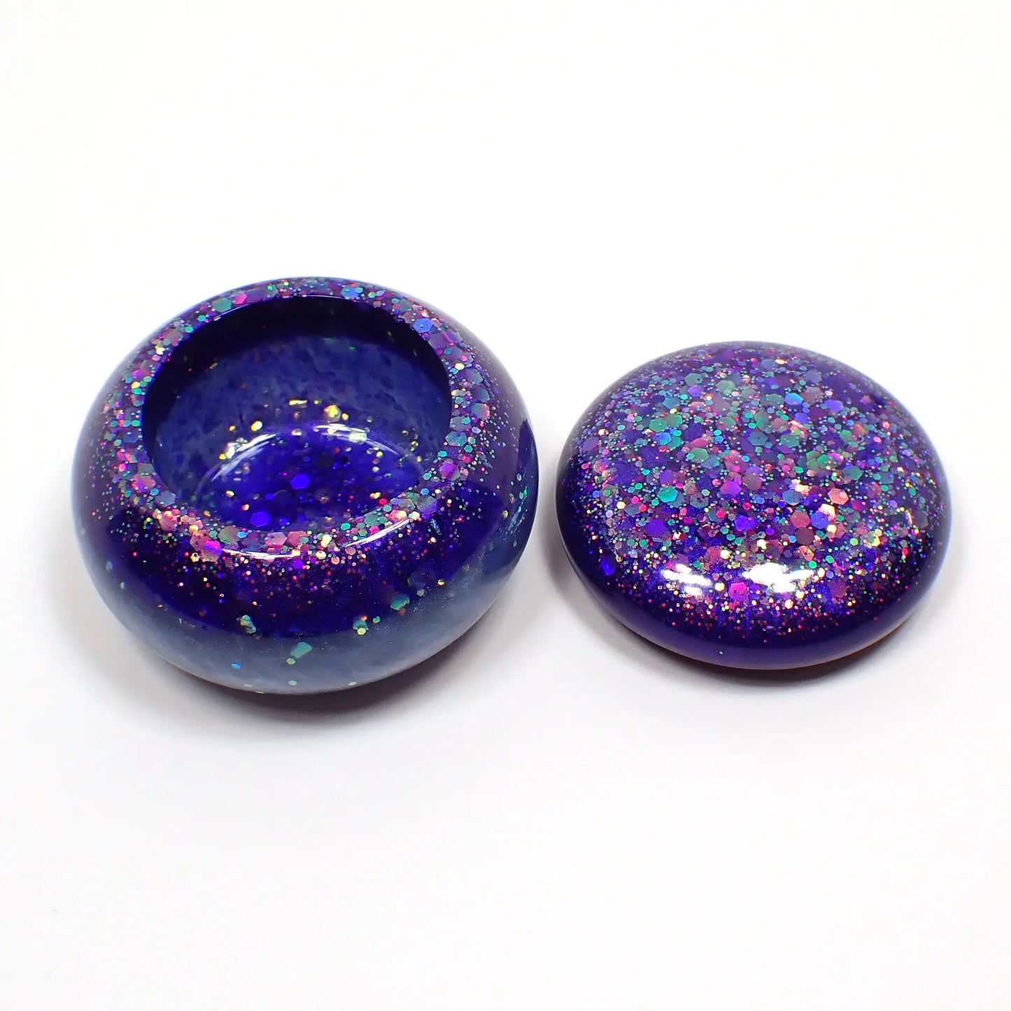Small Pearly Blue Round Handmade Resin Trinket Box with Purple Chunky Iridescent Glitter