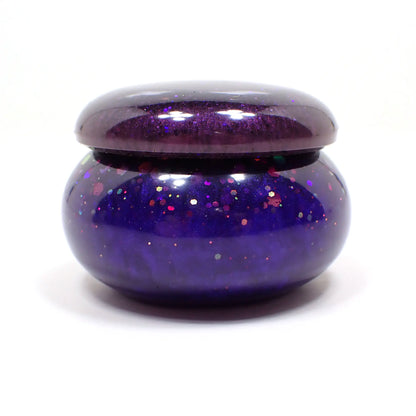 Small Pearly Purple and Blue Resin Handmade Round Trinket Box with Chunky Iridescent Glitter