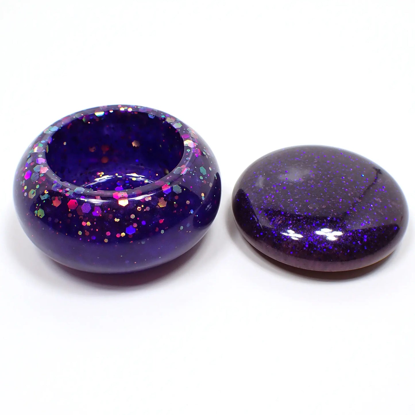 Small Pearly Purple and Blue Resin Handmade Round Trinket Box with Chunky Iridescent Glitter