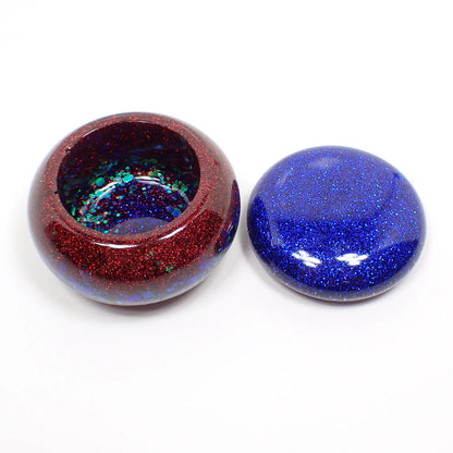 Small Blue Red and Green Resin Handmade Round Trinket Box with Iridescent Glitter