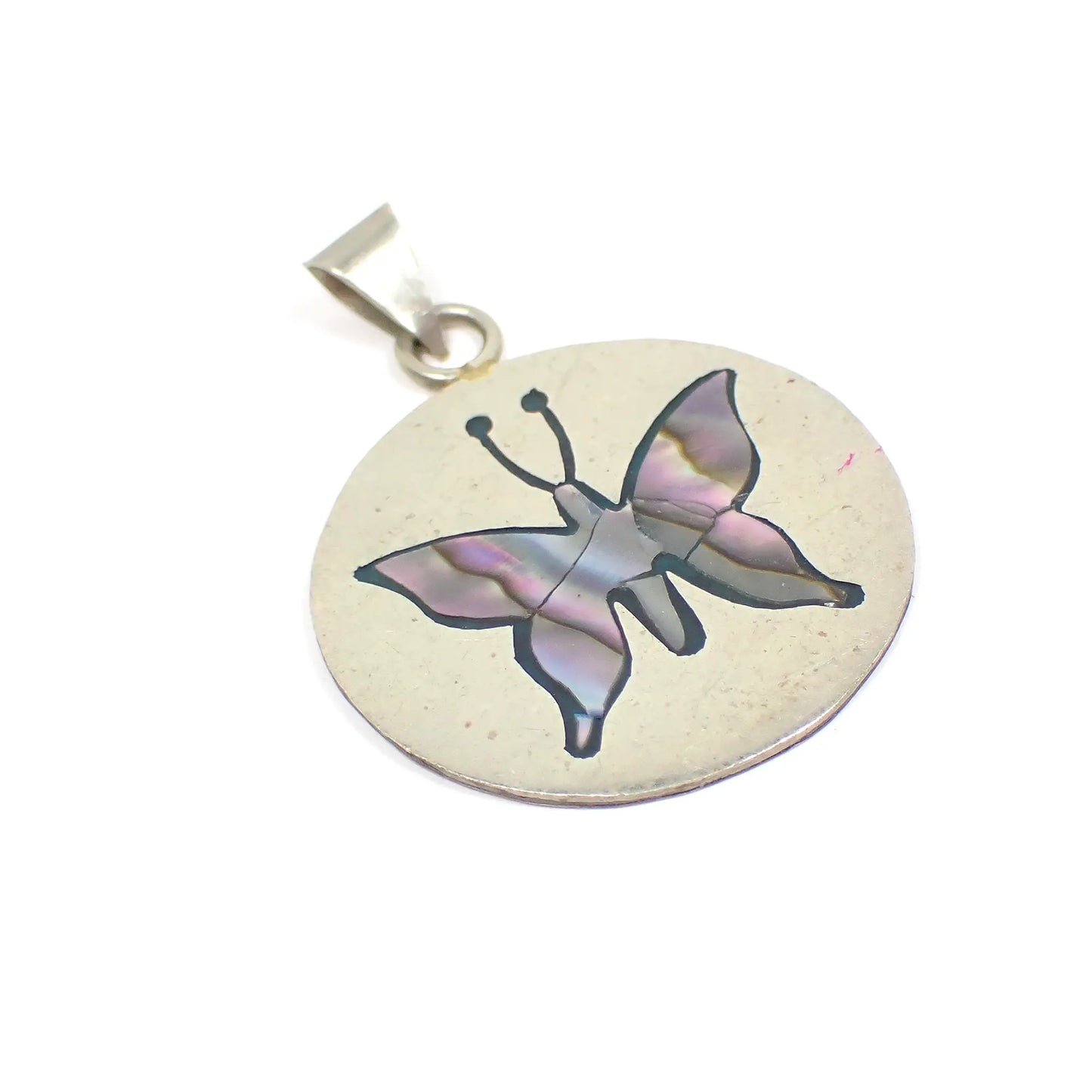 Alpaca Mexico Marked Vintage Round Pendant with Inlaid Abalone Shell Butterfly Design