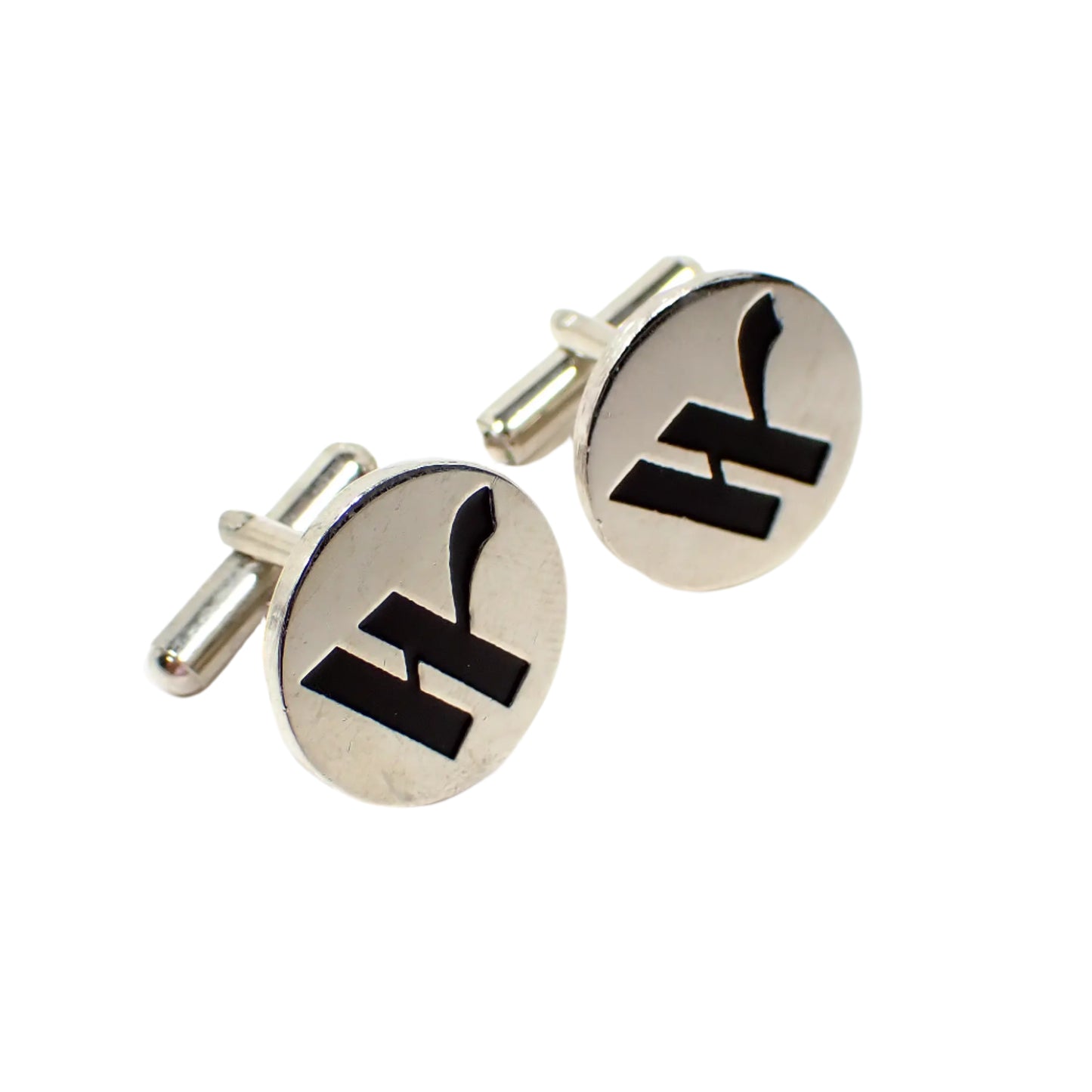 Initial Letter W Vintage Cufflinks, Silver Tone and Black Round Cuff Links