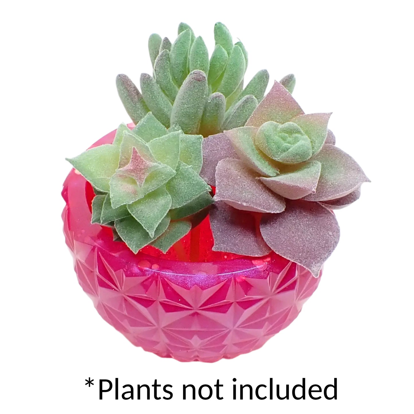Photo showing the pink resin with glitter faceted bowl holding some fake succulents. Wording at the bottom of the picture says "plants not included."