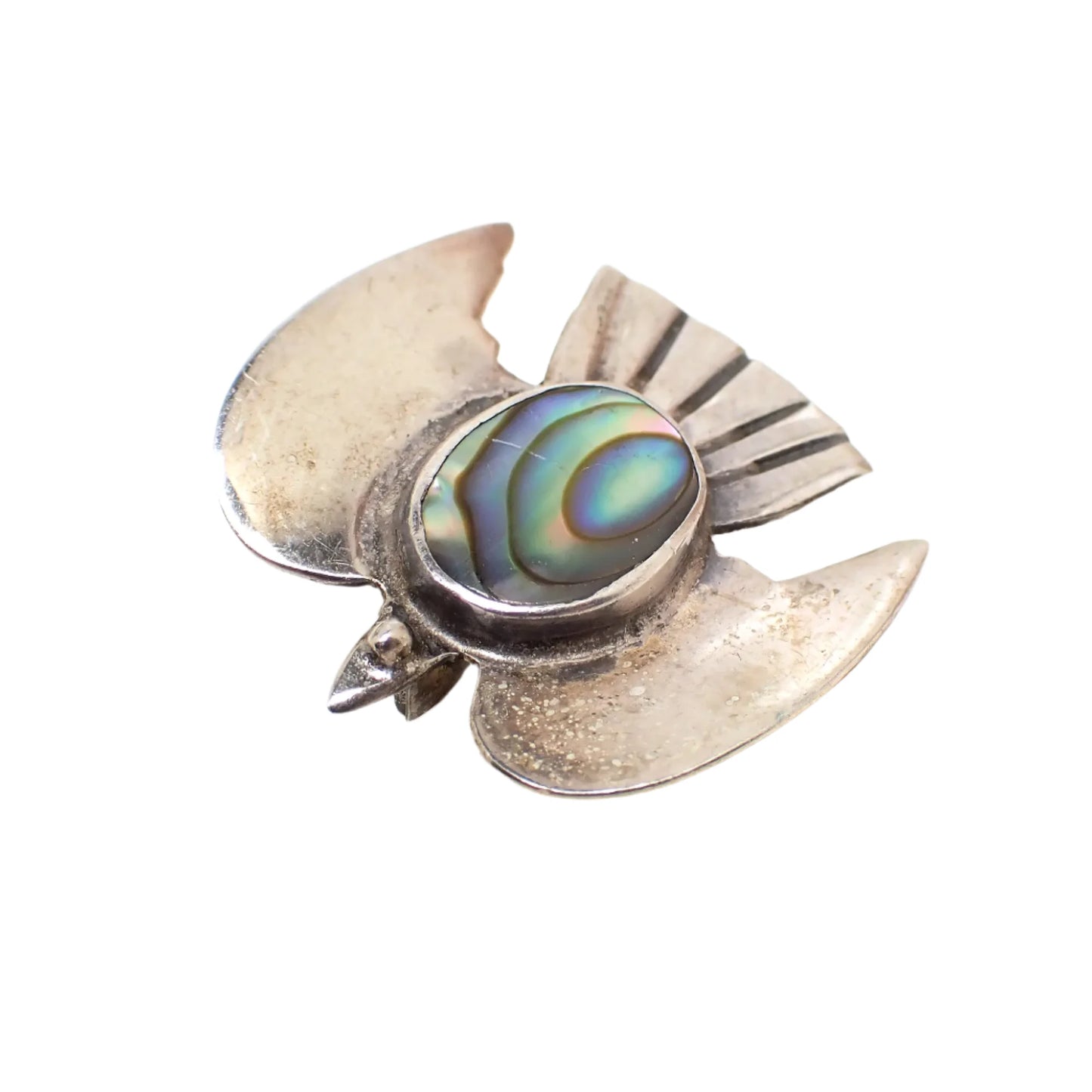 Angled top view of the pin. The small scratch on the abalone cab can be seen at this magnification and angle.