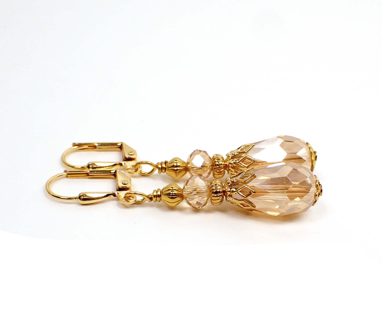 Handmade Champagne Peach Color Teardrop Earrings Gold Plated Hook Lever Back or Clip On