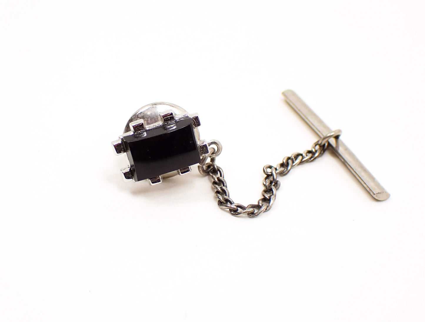 Swank Black Glass Vintage Tie Tack, Brutalist Tie Pin