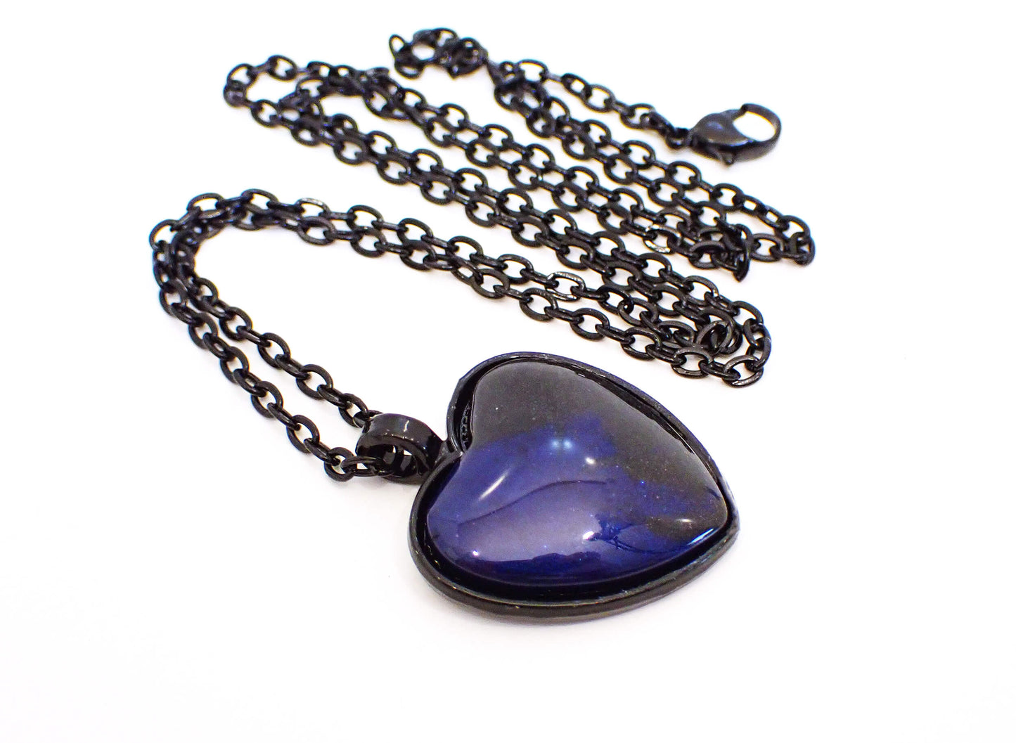Goth Black and Blue Handmade Resin Heart Pendant Necklace