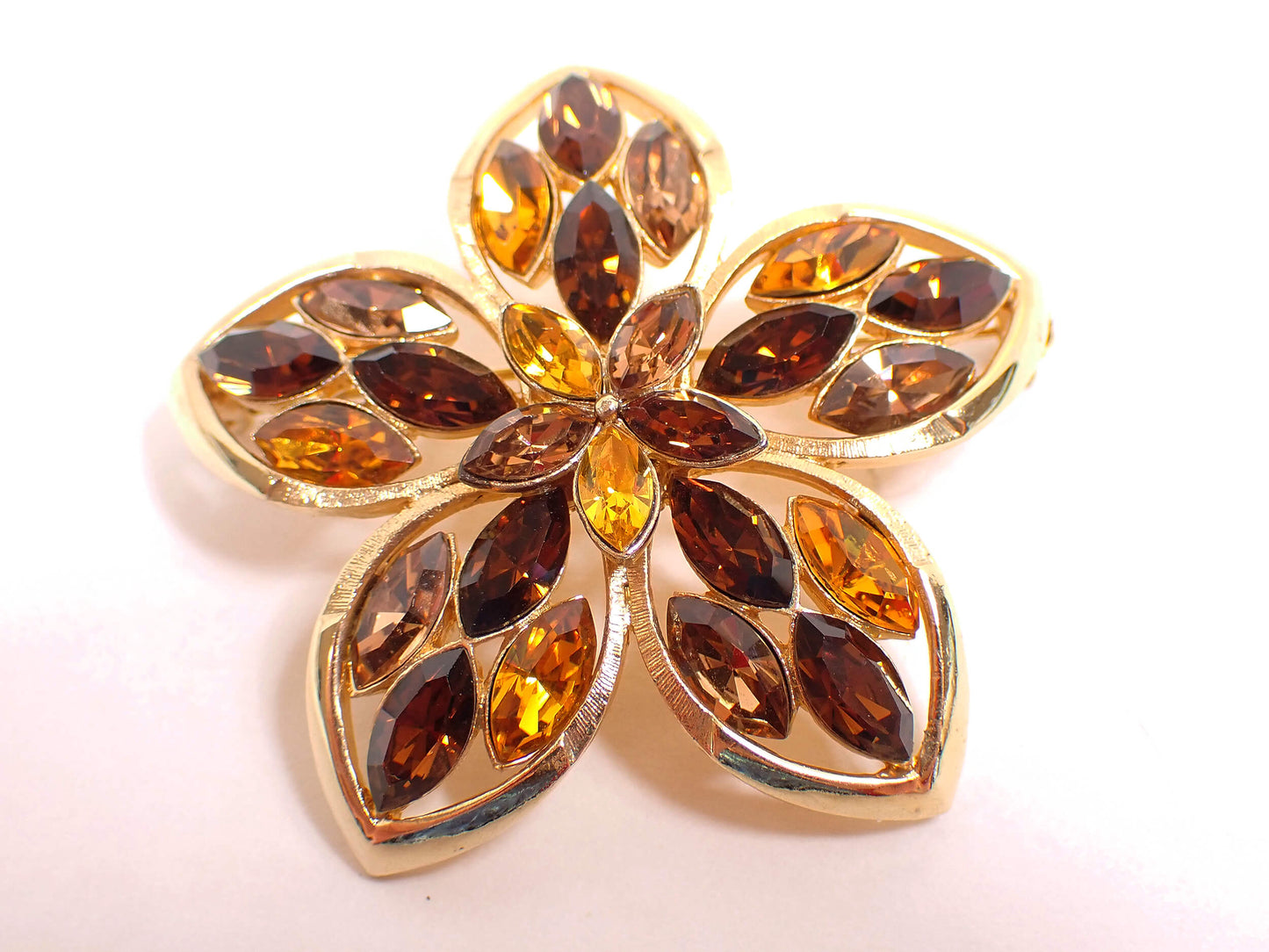 Yellow Orange Brown Rhinestone Mid Century Vintage Flower Brooch Pin
