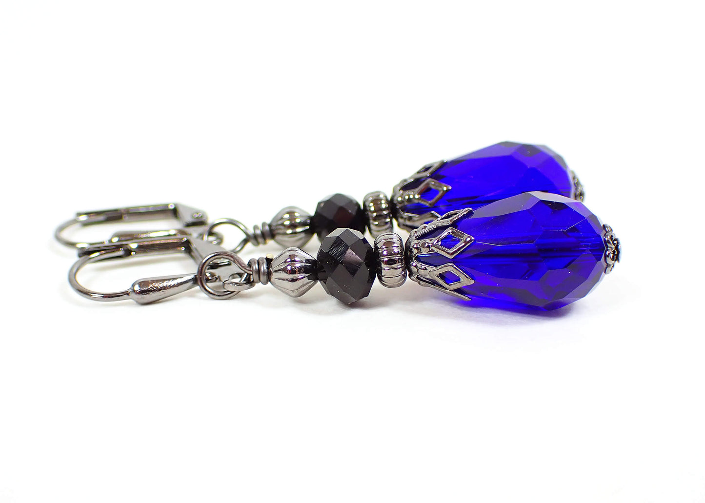 Goth Black and Cobalt Blue Handmade Teardrop Earrings Gunmetal Hook Lever Back or Clip On