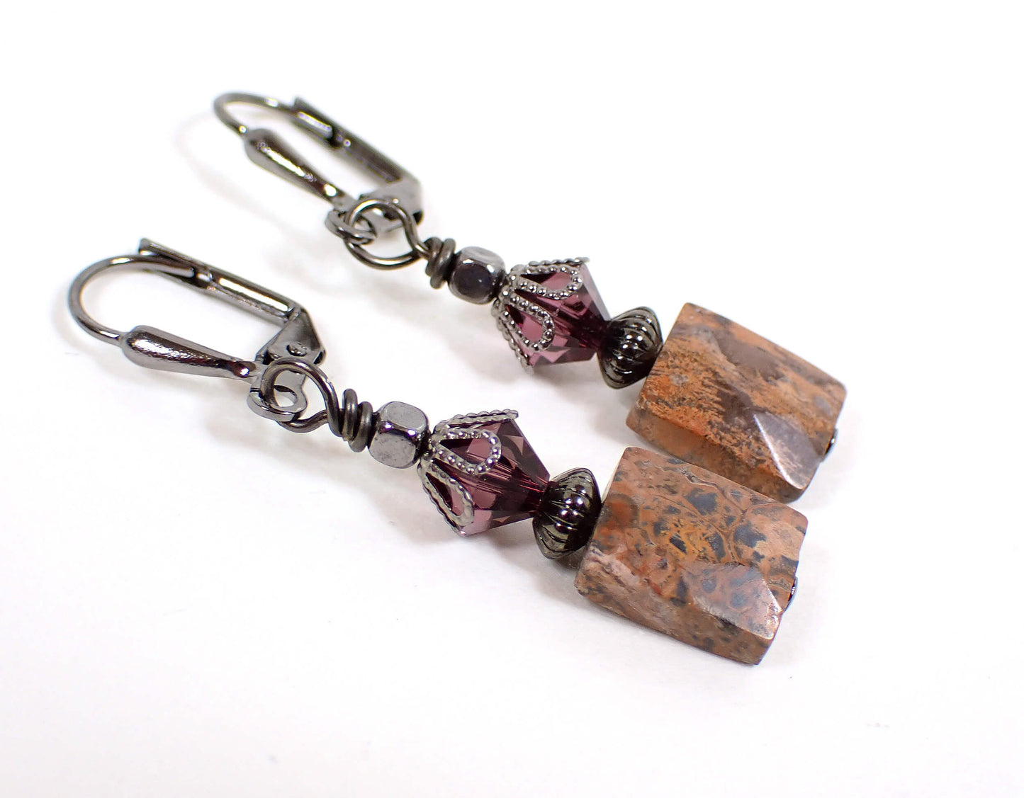 Small Jasper Gemstone Handmade Drop Earrings, Gunmetal Hook Lever Back or Clip On