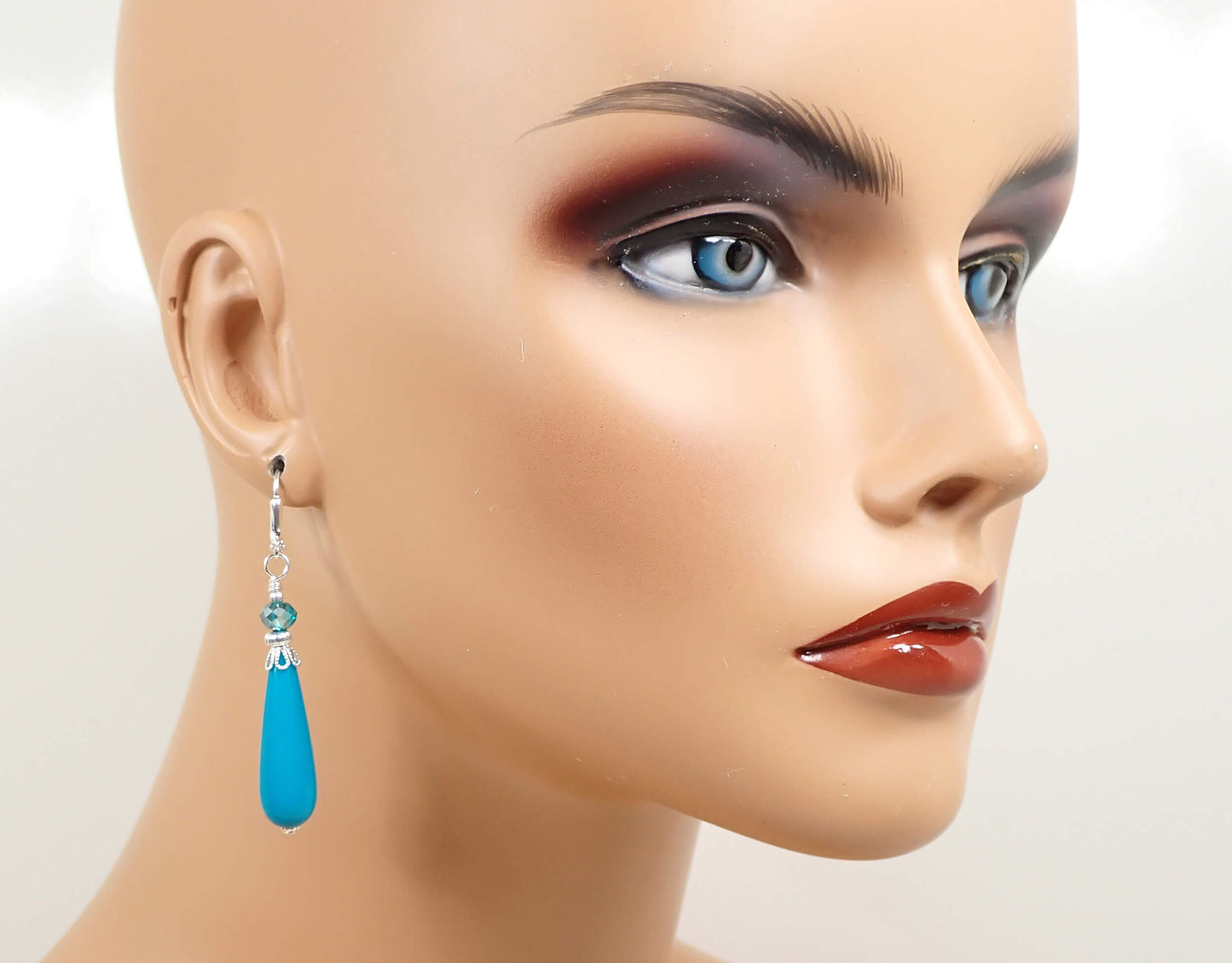 Turquoise Blue Color Lucite Handmade Teardrop Earrings Silver Plated Hook Lever Back or Clip On