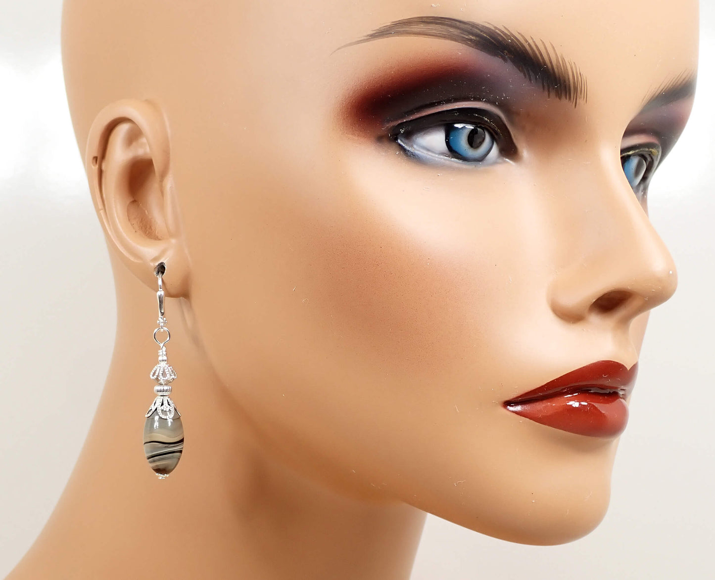 Marbled Brown Oval Lucite Handmade Drop Earrings Silver Plated Hook Lever Back or Clip On