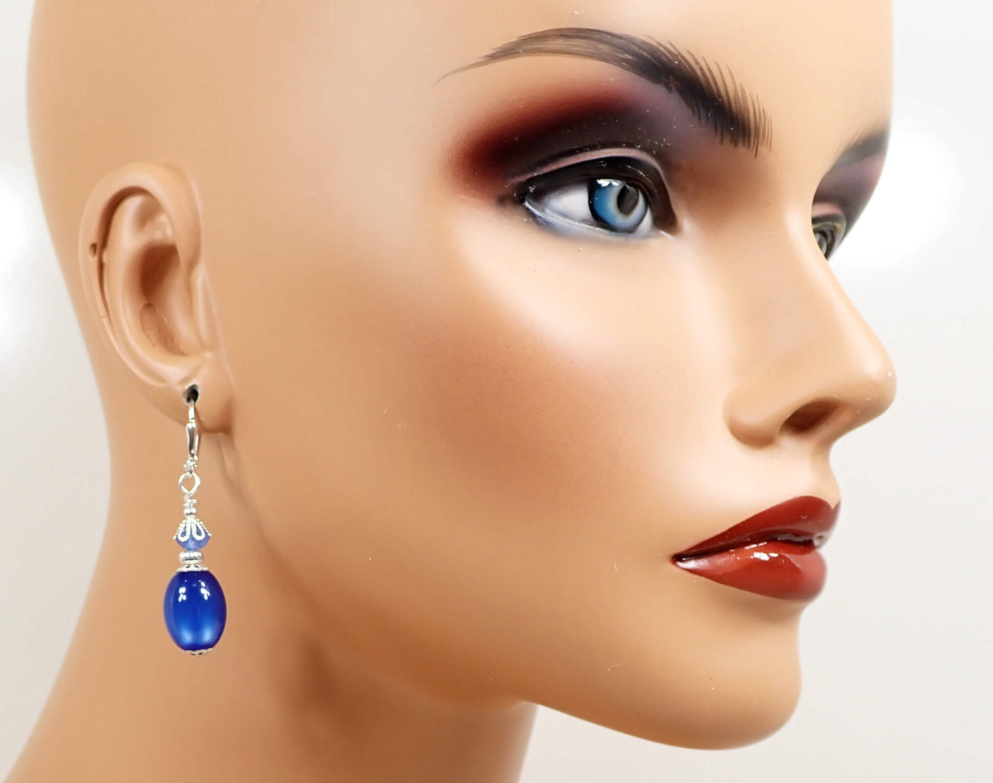Oval Blue Moonglow Lucite Handmade Drop Earrings Silver Plated Hook Lever Back or Clip On